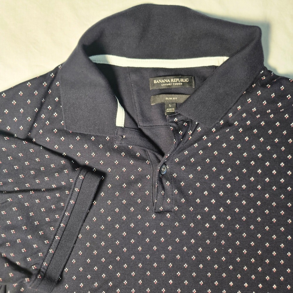 Banana Republic Luxury Touch Polo Shirt Mens Large Slim Fit Navy Blue Micro Dot